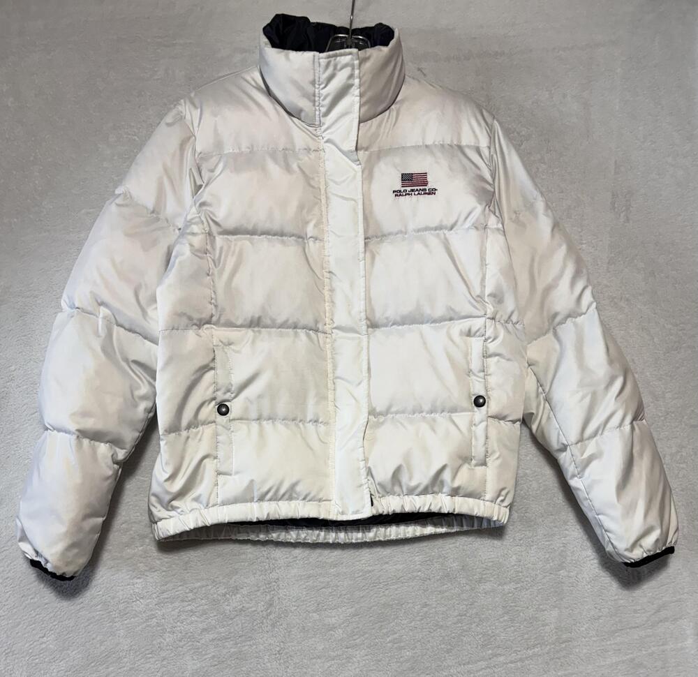 Polo Jeans Co Ralph Lauren Jacket Womens Small White Down Puffer Flag Patriotic